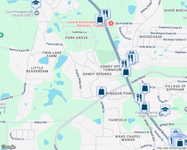 map of restaurants, bars, coffee shops, grocery stores, and more near 1505 Laverton Court in Fuquay Varina