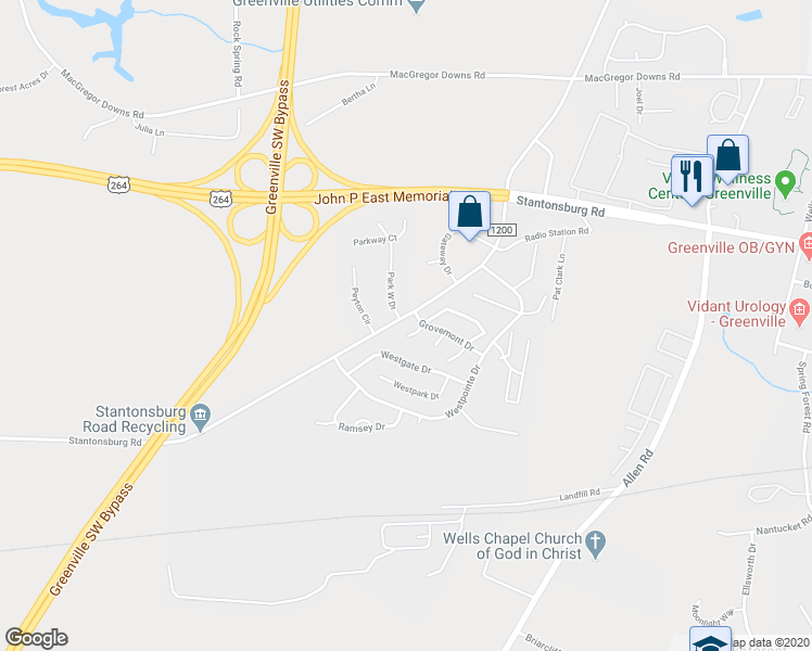 map of restaurants, bars, coffee shops, grocery stores, and more near 3306 Dortches Court in Greenville