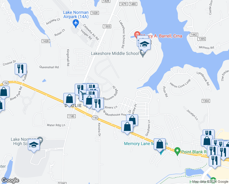 map of restaurants, bars, coffee shops, grocery stores, and more near Ridge Hill Drive in Mooresville