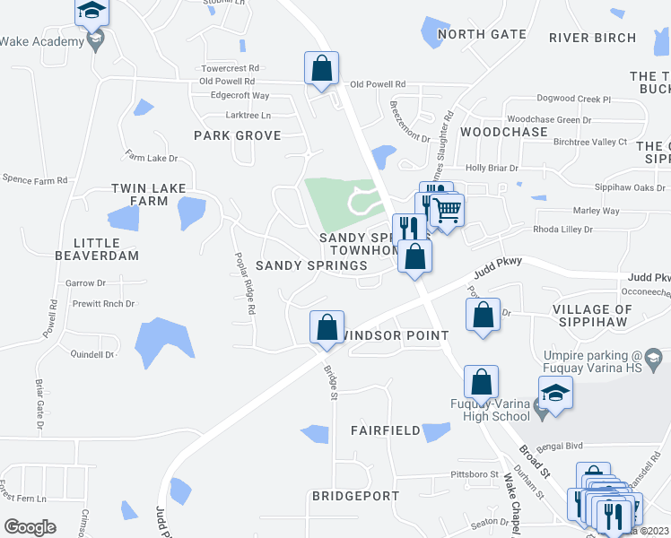 map of restaurants, bars, coffee shops, grocery stores, and more near 1501 Kempsey Circle in Fuquay Varina