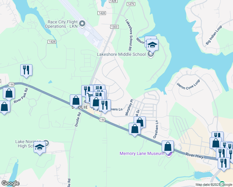 map of restaurants, bars, coffee shops, grocery stores, and more near 174 Rainberry Drive in Mooresville