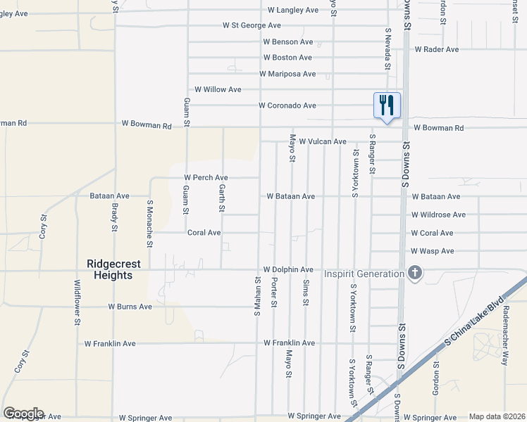 map of restaurants, bars, coffee shops, grocery stores, and more near 1109 Porter Street in Ridgecrest