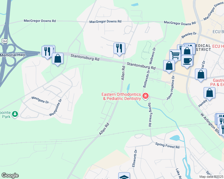 map of restaurants, bars, coffee shops, grocery stores, and more near 1210 Allen Road in Greenville