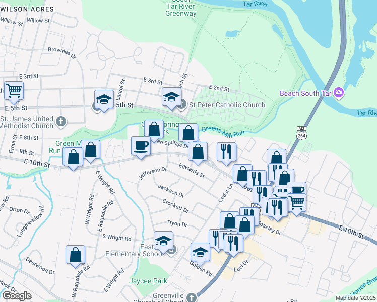 map of restaurants, bars, coffee shops, grocery stores, and more near 2739 East 10th Street in Greenville