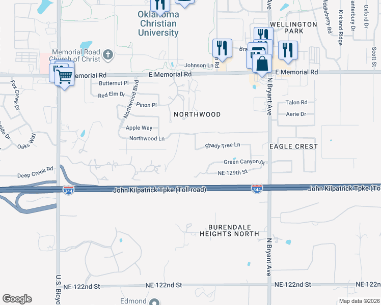 map of restaurants, bars, coffee shops, grocery stores, and more near 13305 Red Canyon Road in Edmond