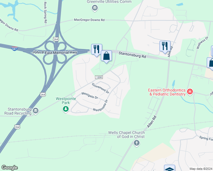 map of restaurants, bars, coffee shops, grocery stores, and more near 1111 Grovemont Drive in Greenville