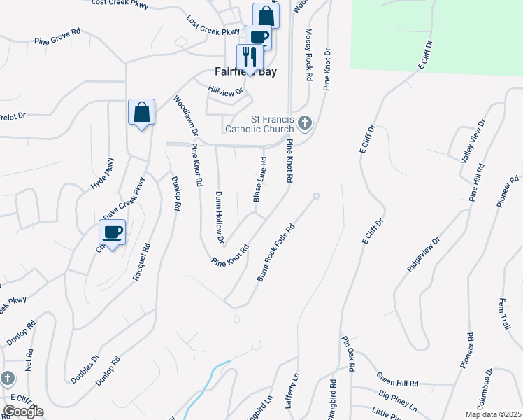 map of restaurants, bars, coffee shops, grocery stores, and more near 135 Blase Line Rd in Fairfield Bay