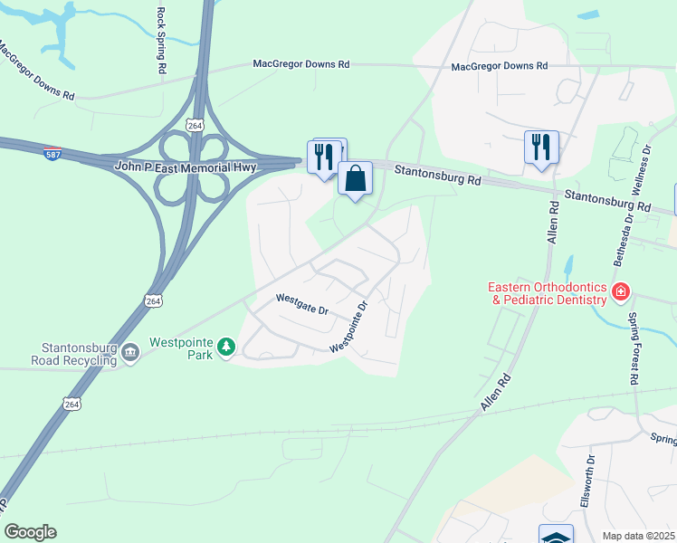 map of restaurants, bars, coffee shops, grocery stores, and more near 1109 Grovemont Drive in Greenville