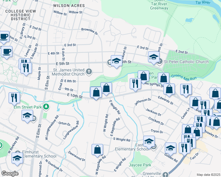 map of restaurants, bars, coffee shops, grocery stores, and more near College View Drive in Greenville