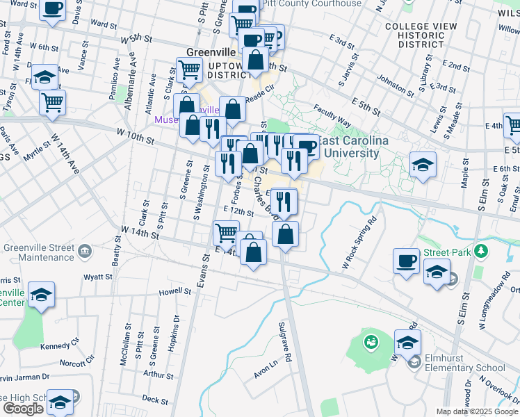 map of restaurants, bars, coffee shops, grocery stores, and more near 312 East 11th Street in Greenville