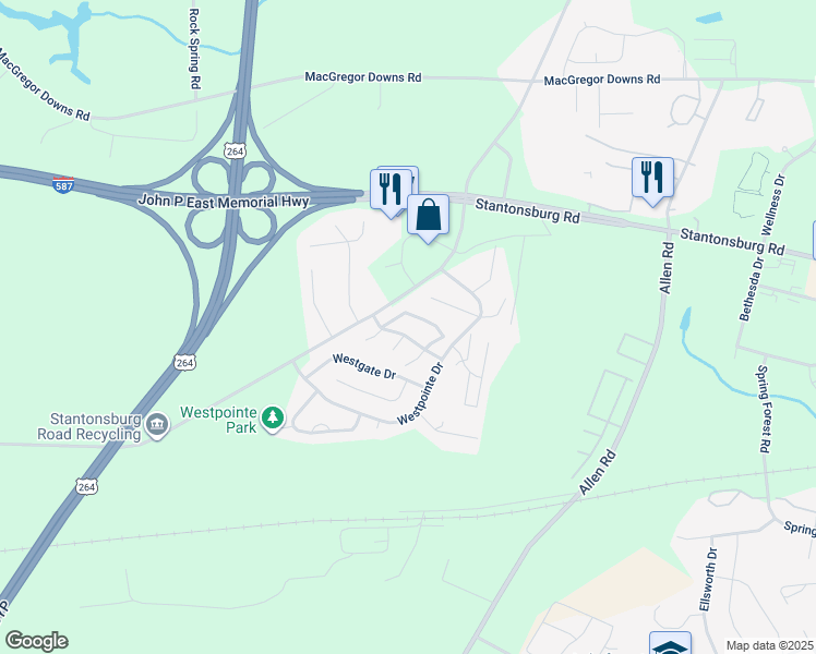 map of restaurants, bars, coffee shops, grocery stores, and more near 1105 Grovemont Drive in Greenville