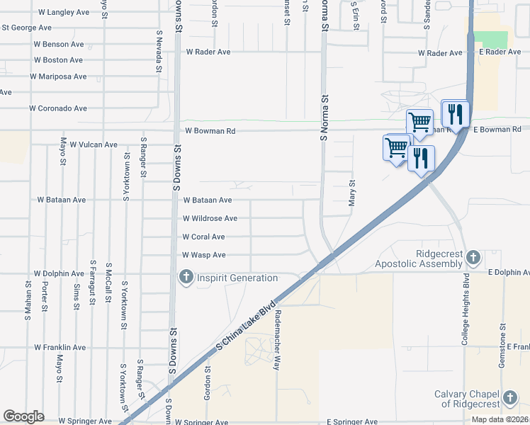 map of restaurants, bars, coffee shops, grocery stores, and more near 609 West Bataan Avenue in Ridgecrest