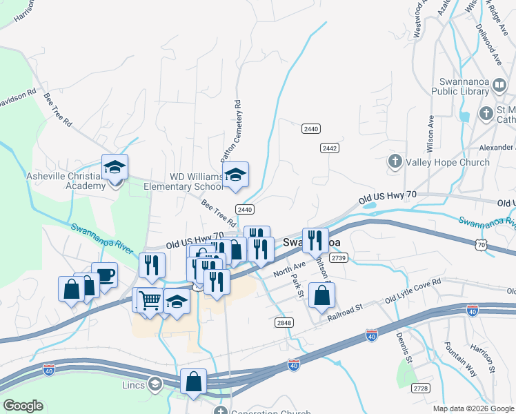 map of restaurants, bars, coffee shops, grocery stores, and more near 11 Old Patton Hill Road in Swannanoa