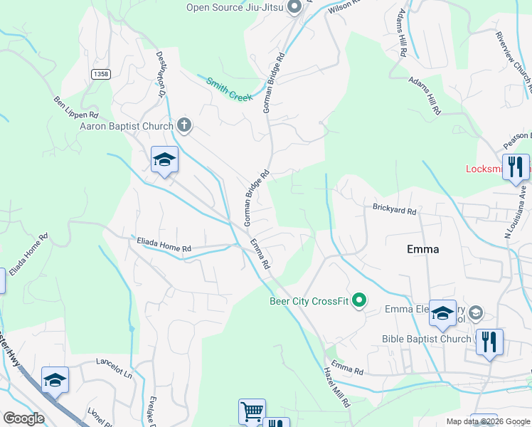 map of restaurants, bars, coffee shops, grocery stores, and more near 502 Gorman Bridge Road in Asheville