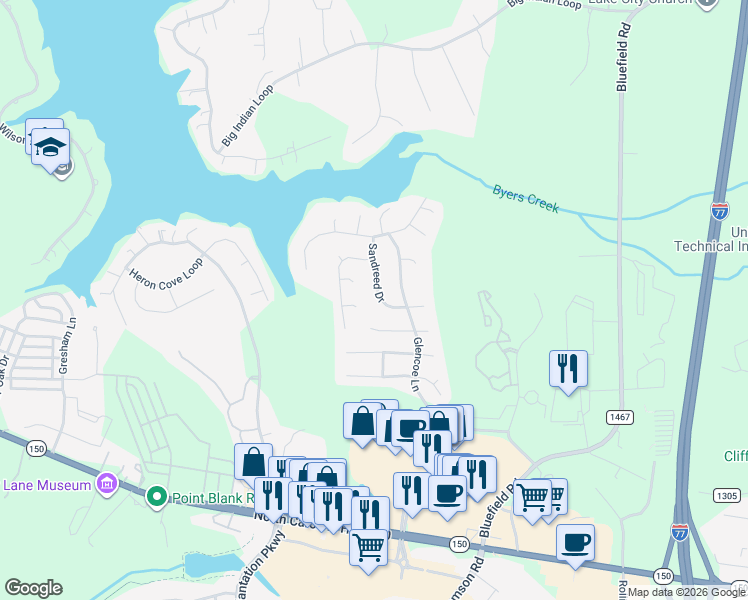 map of restaurants, bars, coffee shops, grocery stores, and more near 139 Sandreed Drive in Mooresville