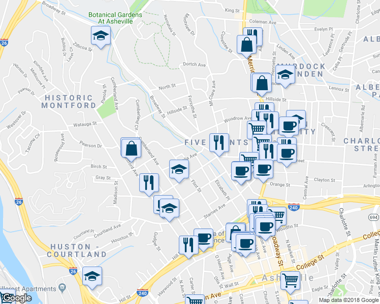 map of restaurants, bars, coffee shops, grocery stores, and more near 23 Magnolia Avenue in Asheville