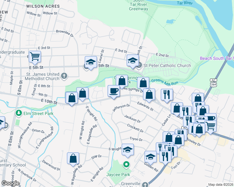 map of restaurants, bars, coffee shops, grocery stores, and more near 122 Green Springs Drive in Greenville