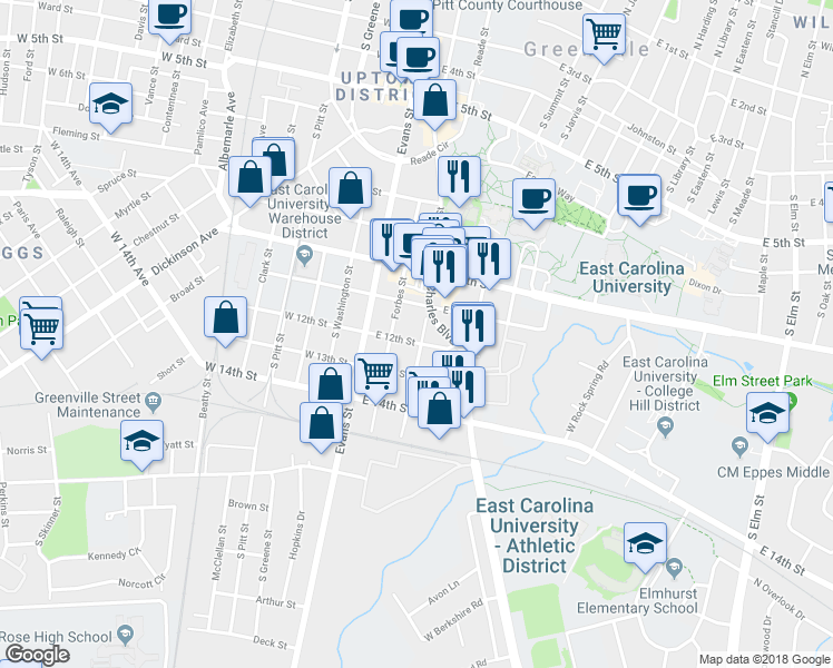 map of restaurants, bars, coffee shops, grocery stores, and more near 1112 Cotanche Street in Greenville