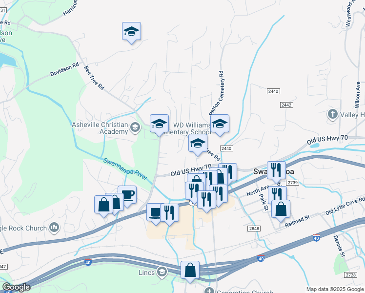 map of restaurants, bars, coffee shops, grocery stores, and more near Bee Meadows Circle in Swannanoa