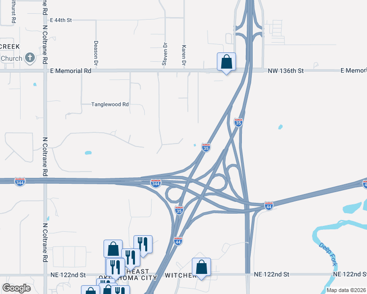 map of restaurants, bars, coffee shops, grocery stores, and more near 5301 Northeast 131st Court in Edmond