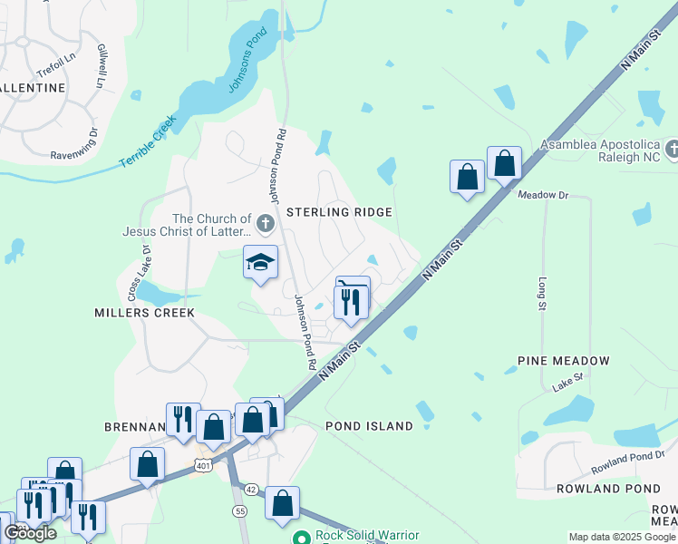 map of restaurants, bars, coffee shops, grocery stores, and more near 1942 Sterling Hill Drive in Fuquay-Varina