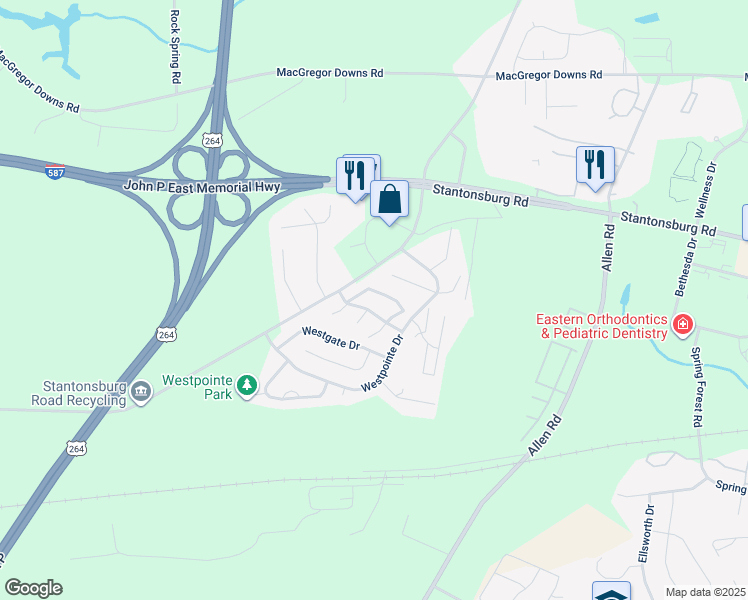 map of restaurants, bars, coffee shops, grocery stores, and more near Grovemont Drive in Greenville