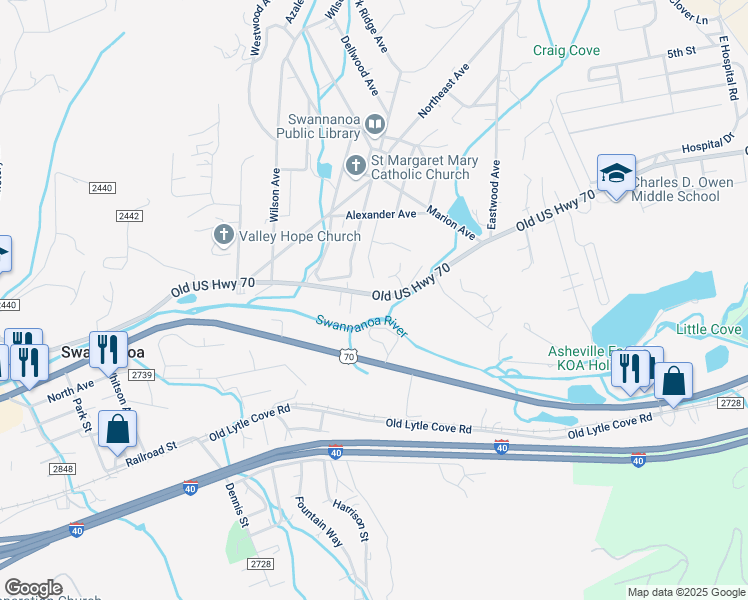 map of restaurants, bars, coffee shops, grocery stores, and more near 593B Old US Highway 70 in Swannanoa