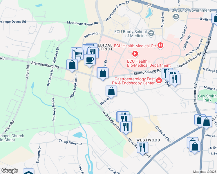 map of restaurants, bars, coffee shops, grocery stores, and more near 2150 Herbert Court in Greenville