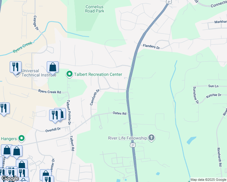 map of restaurants, bars, coffee shops, grocery stores, and more near 129 Brantley Place Drive in Mooresville