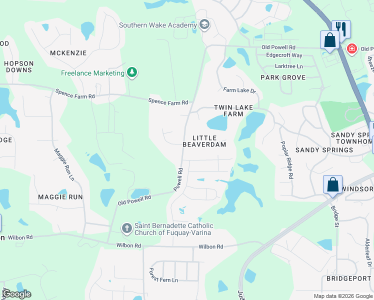 map of restaurants, bars, coffee shops, grocery stores, and more near 1921 Little Beaverdam Court in Holly Springs