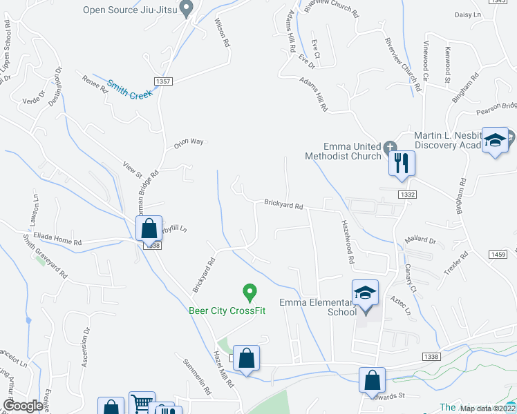 map of restaurants, bars, coffee shops, grocery stores, and more near 226 Brickyard Road in Asheville