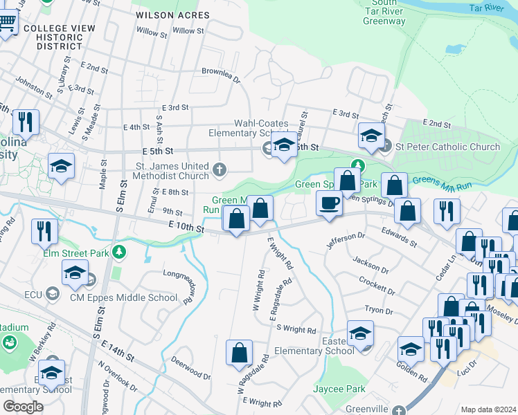 map of restaurants, bars, coffee shops, grocery stores, and more near 10000 East 10th Street in Greenville