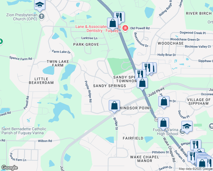 map of restaurants, bars, coffee shops, grocery stores, and more near 408 Wyndham Drive in Fuquay-Varina
