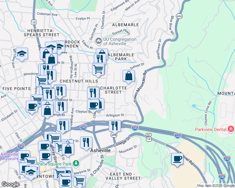 map of restaurants, bars, coffee shops, grocery stores, and more near 81 Baird Street in Asheville