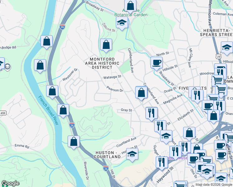 map of restaurants, bars, coffee shops, grocery stores, and more near 166 Pearson Drive in Asheville