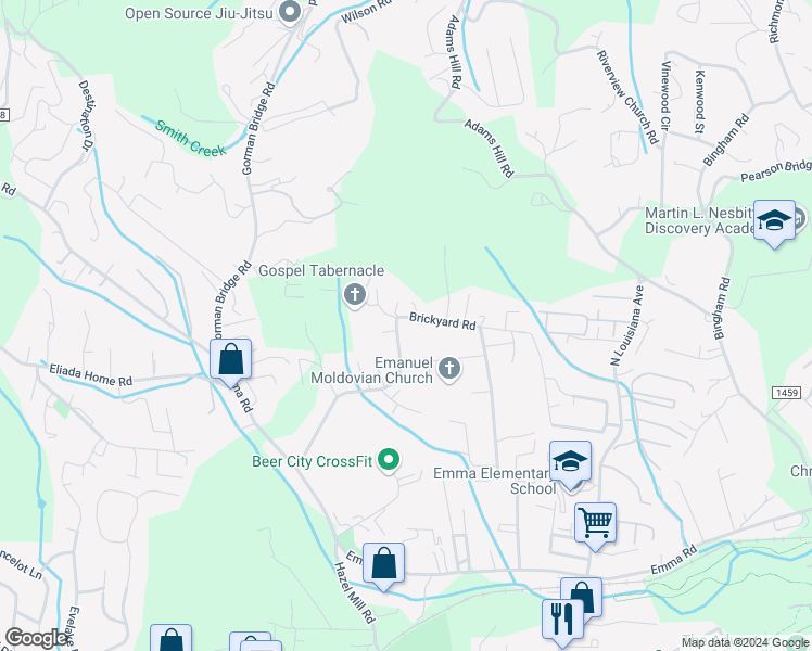 map of restaurants, bars, coffee shops, grocery stores, and more near 226 Brickyard Road in Asheville