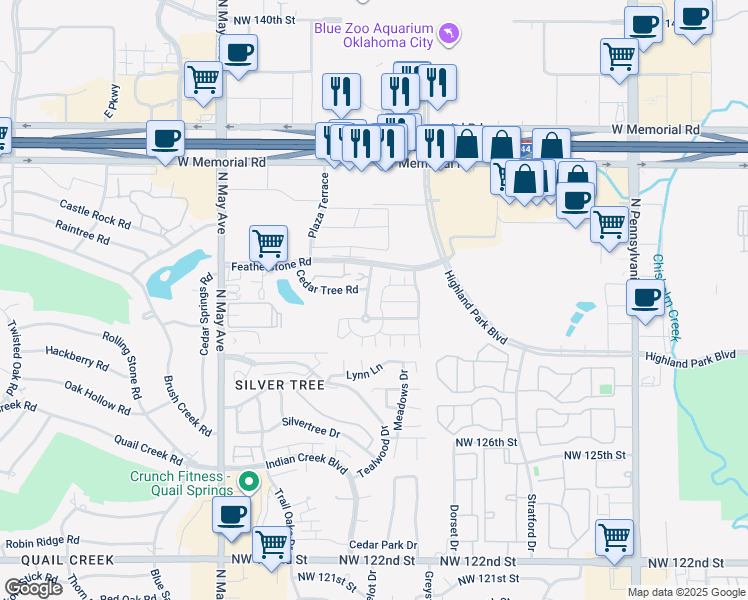 map of restaurants, bars, coffee shops, grocery stores, and more near 2611 Cedar Tree Road in Oklahoma City