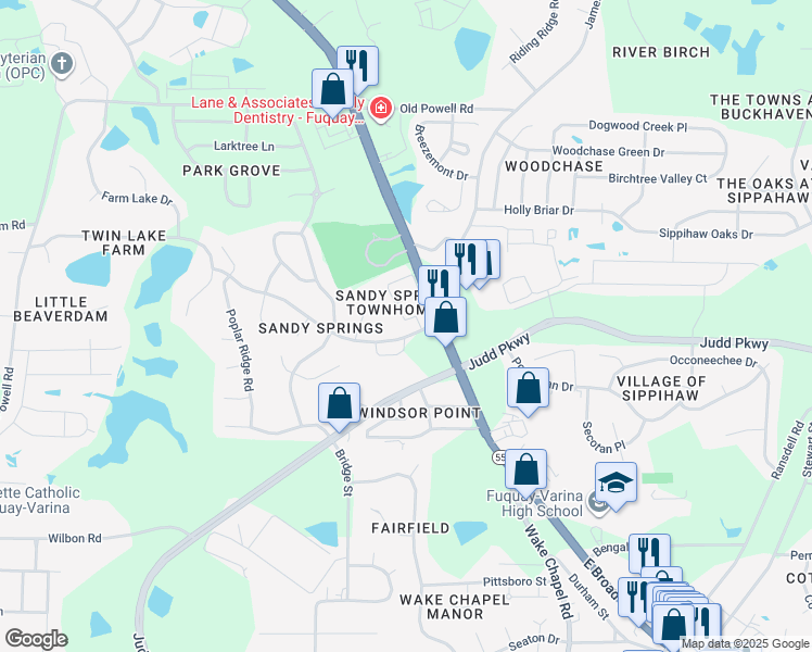 map of restaurants, bars, coffee shops, grocery stores, and more near 1922 Stroll Circle in Fuquay-Varina