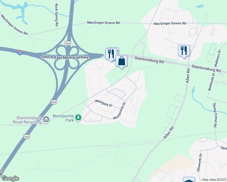 map of restaurants, bars, coffee shops, grocery stores, and more near 1105 Grovemont Drive in Greenville