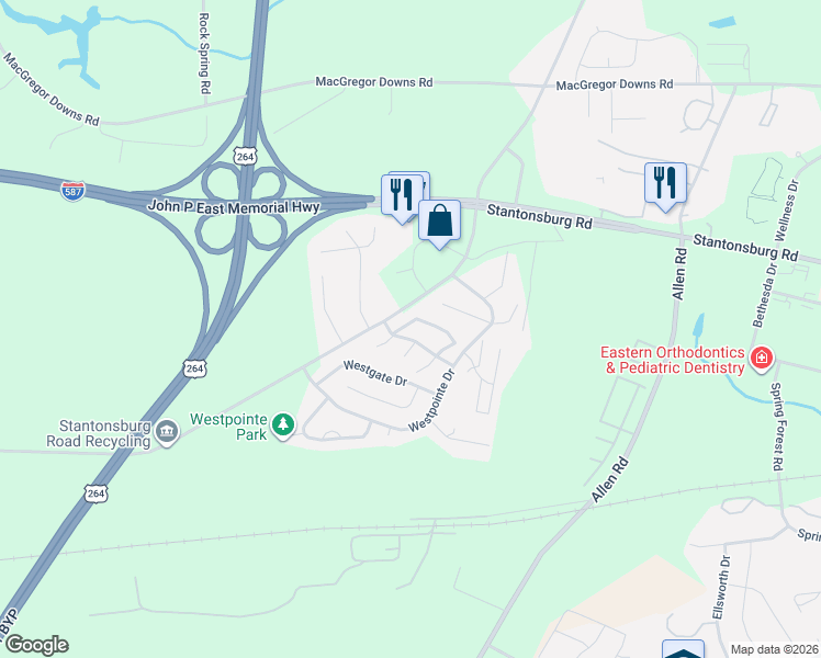 map of restaurants, bars, coffee shops, grocery stores, and more near 1105 Grovemont Drive in Greenville