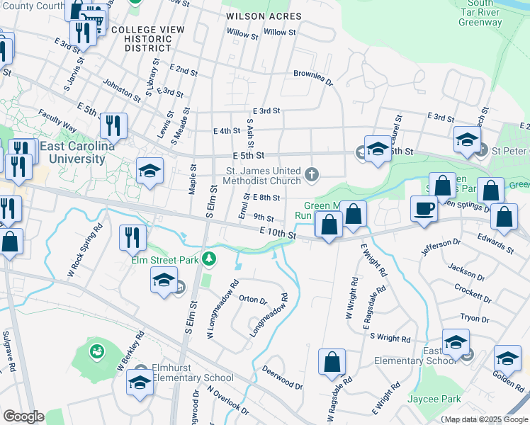 map of restaurants, bars, coffee shops, grocery stores, and more near 1909 9th Street in Greenville