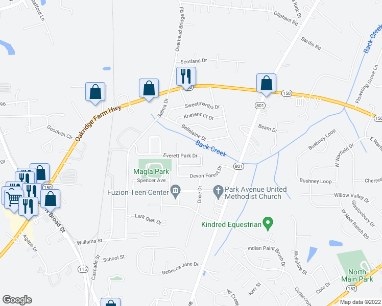 map of restaurants, bars, coffee shops, grocery stores, and more near 187 Everett Park Drive in Mooresville