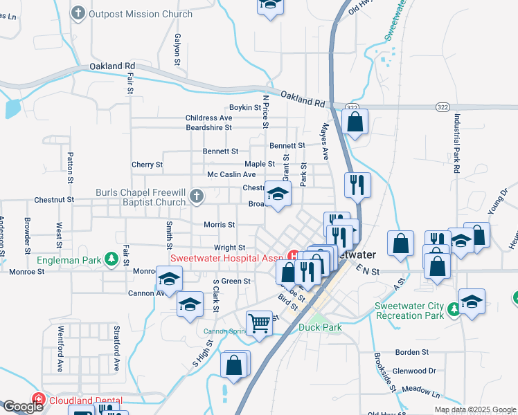 map of restaurants, bars, coffee shops, grocery stores, and more near 413 North Price Street in Sweetwater