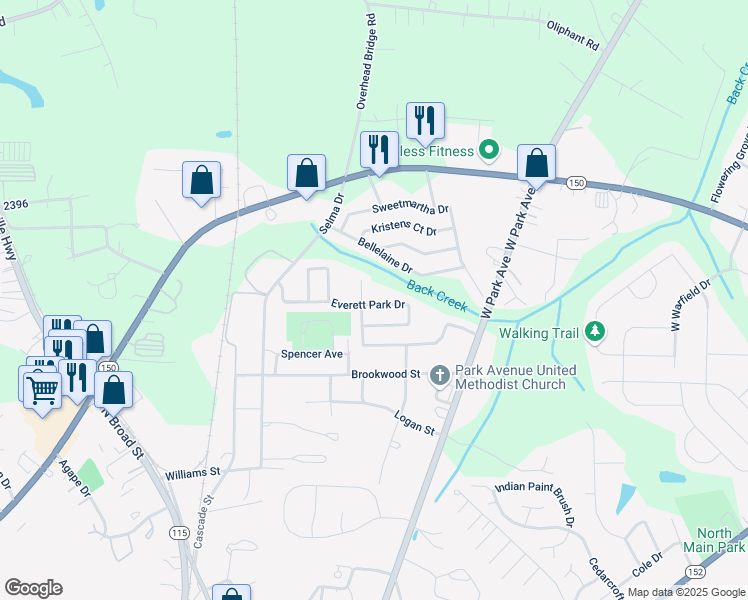 map of restaurants, bars, coffee shops, grocery stores, and more near 177 Everett Park Drive in Mooresville