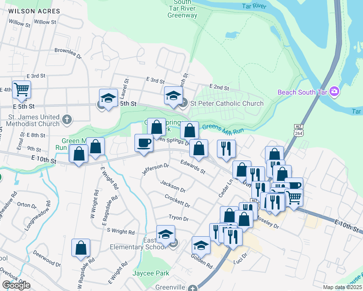 map of restaurants, bars, coffee shops, grocery stores, and more near 2739 East 10th Street in Greenville