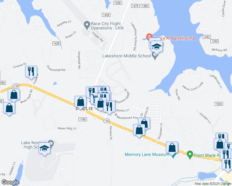 map of restaurants, bars, coffee shops, grocery stores, and more near 167 Rainberry Drive in Mooresville