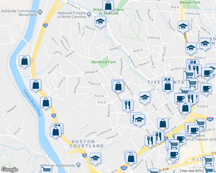 map of restaurants, bars, coffee shops, grocery stores, and more near 276 Montford Avenue in Asheville