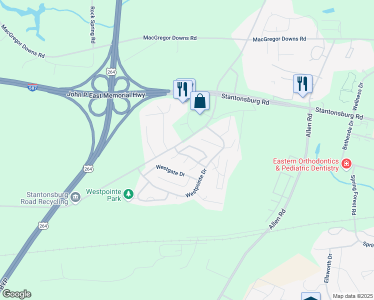 map of restaurants, bars, coffee shops, grocery stores, and more near 1105 Grovemont Drive in Greenville