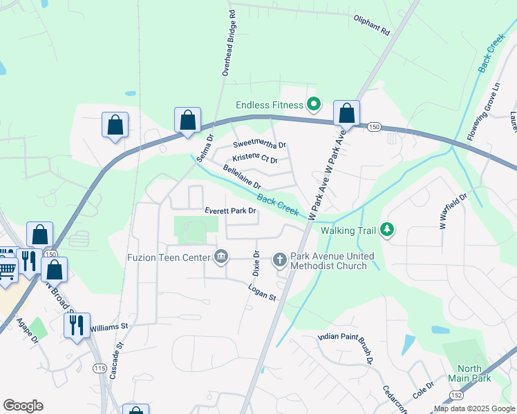 map of restaurants, bars, coffee shops, grocery stores, and more near 199 Everett Park Drive in Mooresville