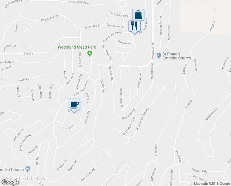 map of restaurants, bars, coffee shops, grocery stores, and more near 129 Pine Knot Road in Fairfield Bay